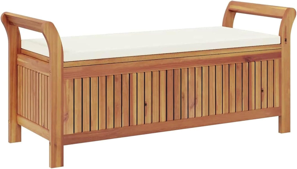 Gecheer Garden Storage Bench with Cushion, Solid Wood Acacia 126 cm Outdoor Seat with Storage Space for Patio Garden Backyard
