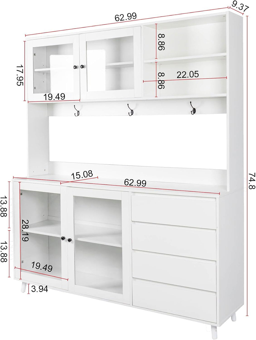 74" Tall Kitchen Pantry Storage Cabinet with Drawers, Microwave Shelf & Hutch, Modern Freestanding Kitchen Cabinets with Countertop & Hook Up, White Buffet Cabinet, (63" W x 15.7" D x 74.8" H)