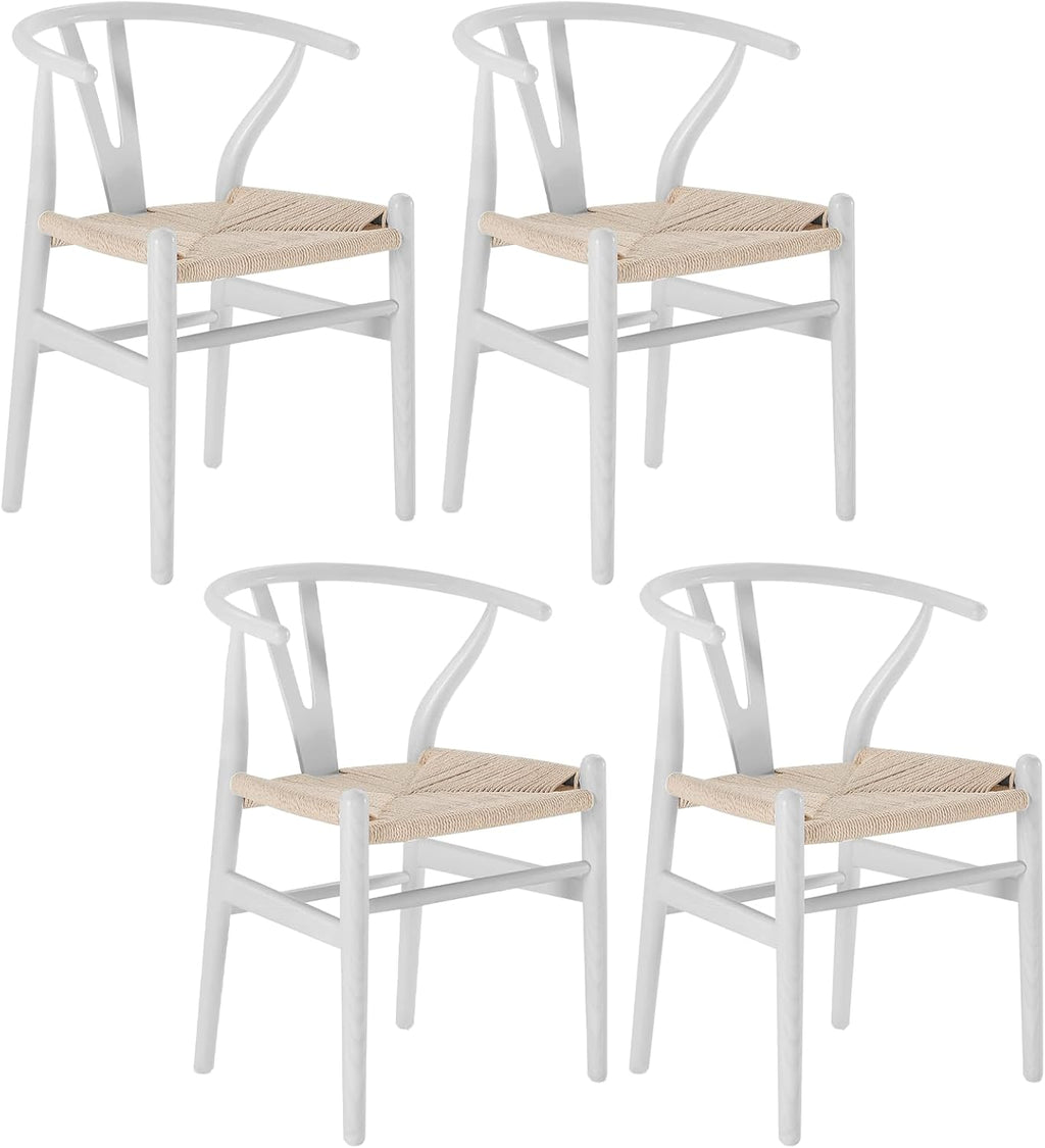 Tomile CH24 Wishbone Chairs Set of 4, Modern White Dining Chair with Arms, Solid Ash Wood Frame with Woven Seat, Hans Wegner Mid-Century Y-Back Design for Kitchen & Dining Room (Ash Wood - White)