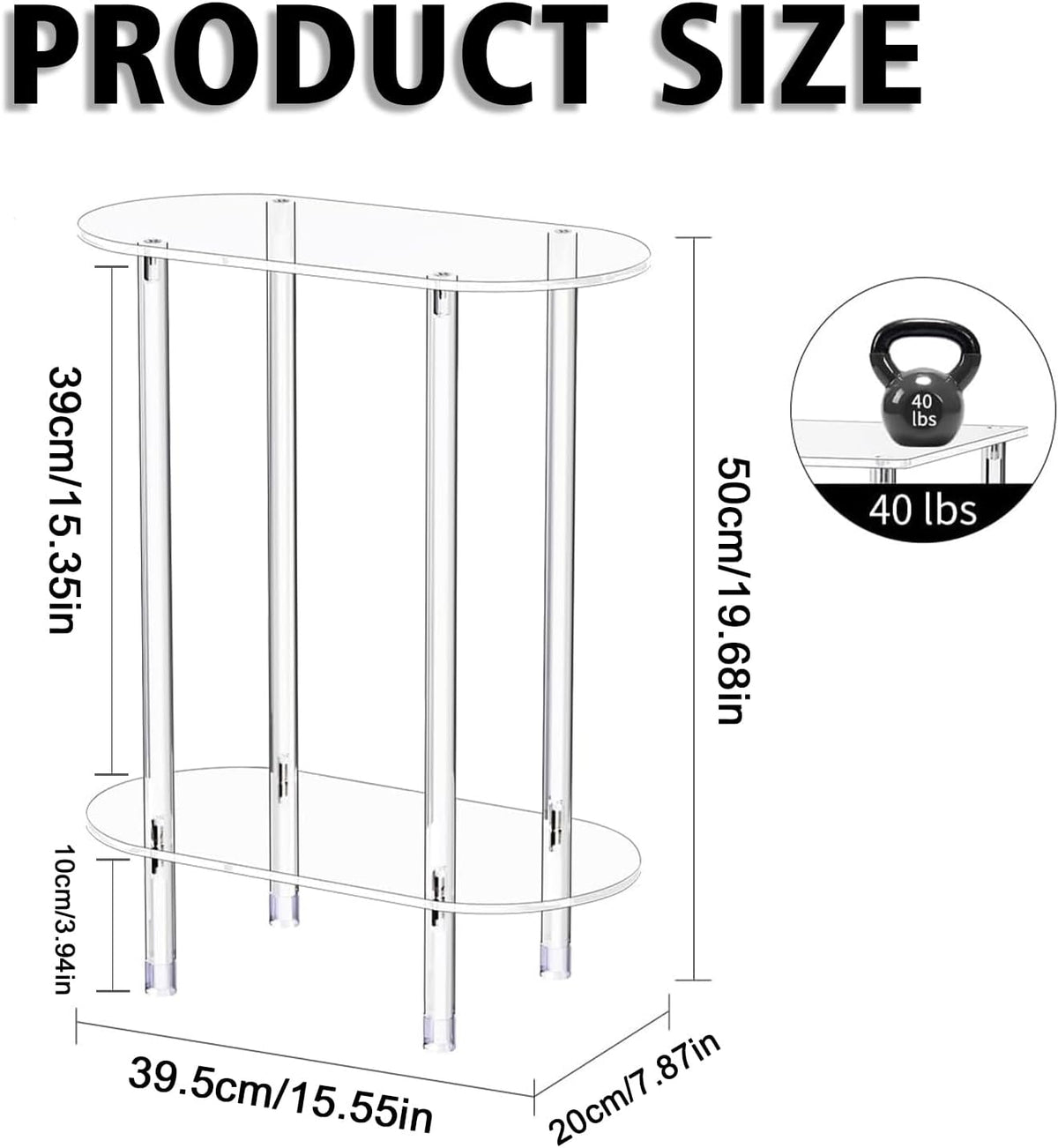Modern Clear Acrylic Narrow Side Table for Small Spaces, 15.55" L x 7.87" W x 19.68" H, 2 Tier Oval End Table Nightstand, Small Bedside Table for Bedroom, Bathroom, Living Room(Oval)