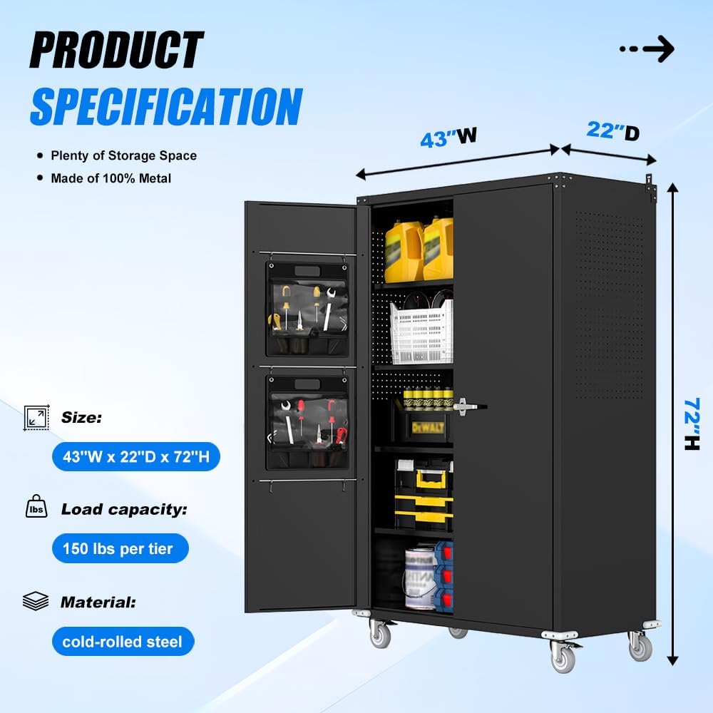 Yeeoy 72" Wide & Deep Metal Garage Storage Cabinet with Wheels, Black | Rolling Tool Cabinet, Locker Storage Cabinet, File Cabinets, Garage Closet, Locking Doors & Adjustable Shelves