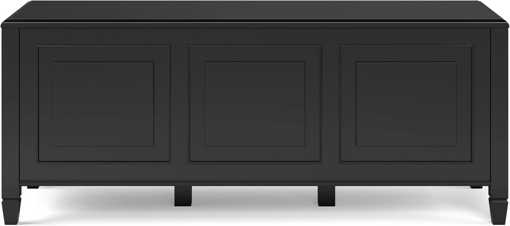 SIMPLIHOME Connaught 51" Wide Solid Wood Trunk Bench in Black | Traditional entryway bench with lift-up lid and 3 hidden compartments; mudroom, hallway, shoe or trunk bench.