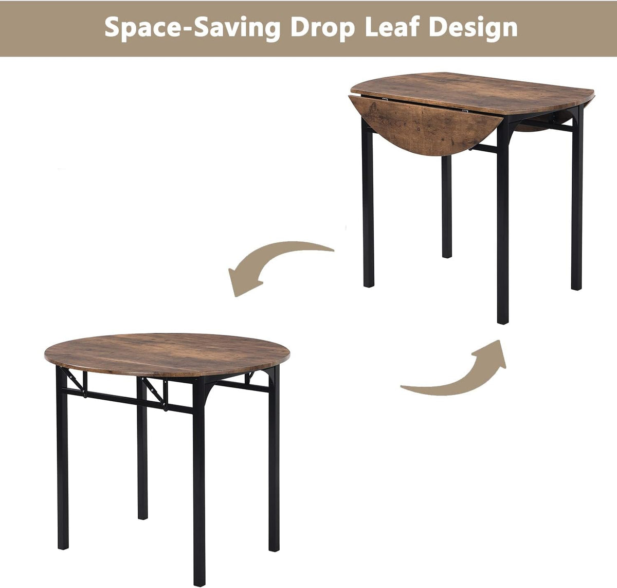 Merax 3-Piece Foldable Dining Table Set for 2 with Drop Leaf Tabletop and Two Chairs for Small Places, Kitchen, Living Room, Apartment, Rustic Brown