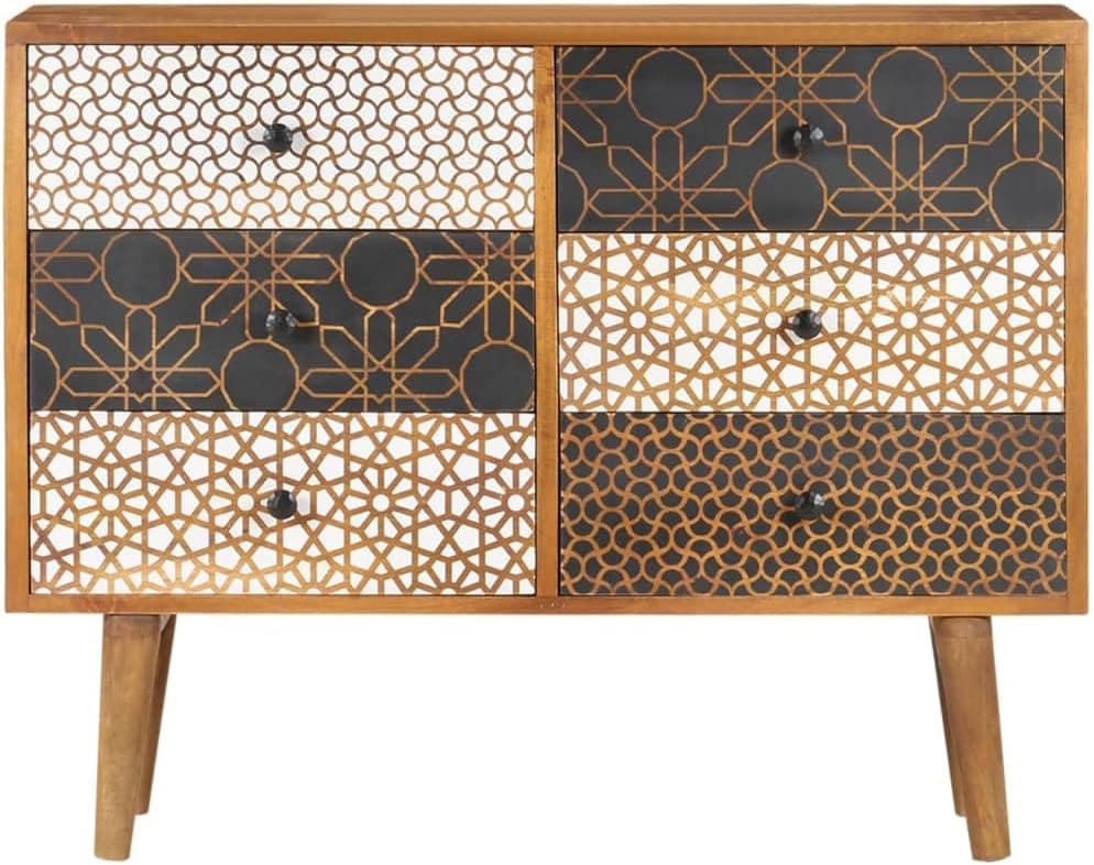 Mid-Century Modern Sideboard with Six Large Drawers, Solid Mango Wood and MDF Medium, Brown Printed Patterns Geometric Designs for Living Dining Room Storage