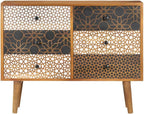 Mid-Century Modern Sideboard with Six Large Drawers, Solid Mango Wood and MDF Medium, Brown Printed Patterns Geometric Designs for Living Dining Room Storage