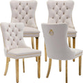 Velvet Dining Chairs Set of 4, Tufted Upholstered High Wingback Chairs with Nailhead Trim & Pull Ring, Golden Stainless Steel Legs for Dining Room, Sillas de Comedor, Beige