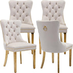 Velvet Dining Chairs Set of 4, Tufted Upholstered High Wingback Chairs with Nailhead Trim & Pull Ring, Golden Stainless Steel Legs for Dining Room, Sillas de Comedor, Beige