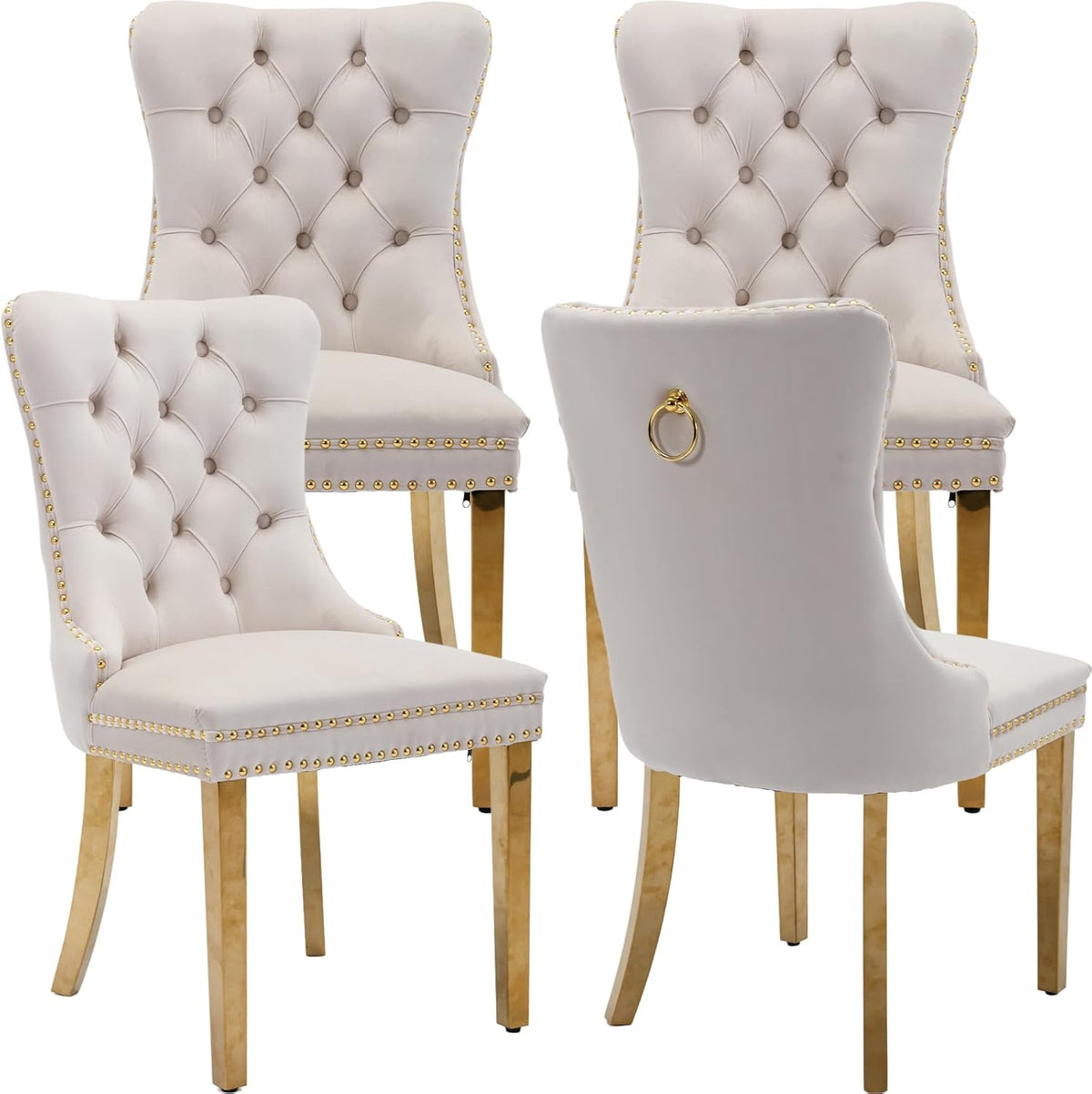 Velvet Dining Chairs Set of 4, Tufted Upholstered High Wingback Chairs with Nailhead Trim & Pull Ring, Golden Stainless Steel Legs for Dining Room, Sillas de Comedor, Beige