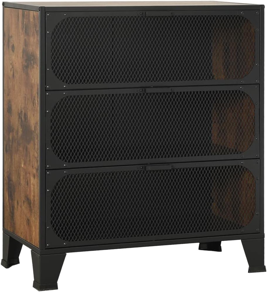 Rustic Brown Storage Cabinet 14.2 x 28.3 x 32.3 in Industrial Bathroom Organizer with 3 Doors Wall Mounted MDF & Metal Frame Compact Pantry or Living Room Cupboard