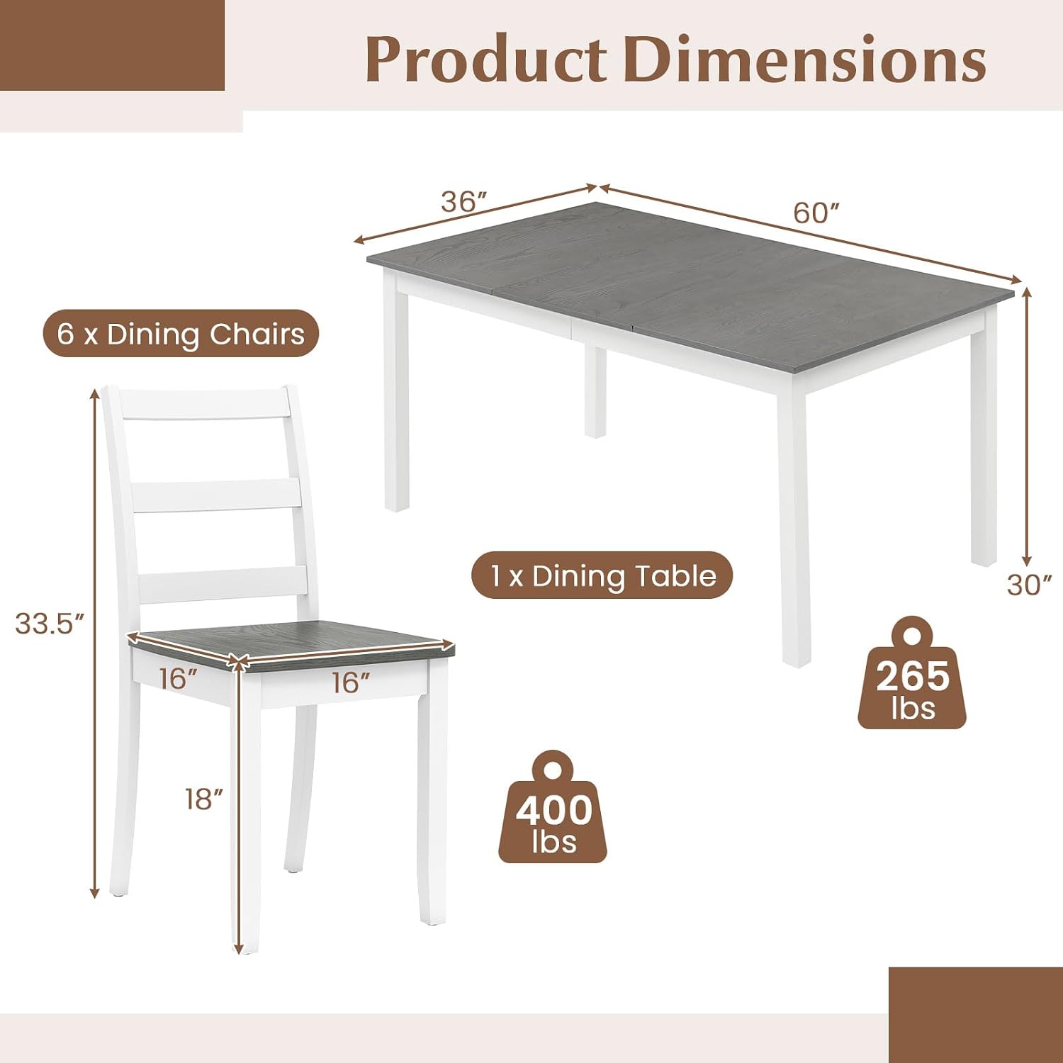 GIANTEX 7-Piece Dining Table Set for 6, Rectangular 60-inches Kitchen Table and 6 Dining Chairs with Rubber Wood Legs, Protective Foot Pads, Farmhouse Dinette Set for Dining Room, Restaurant (Gray)
