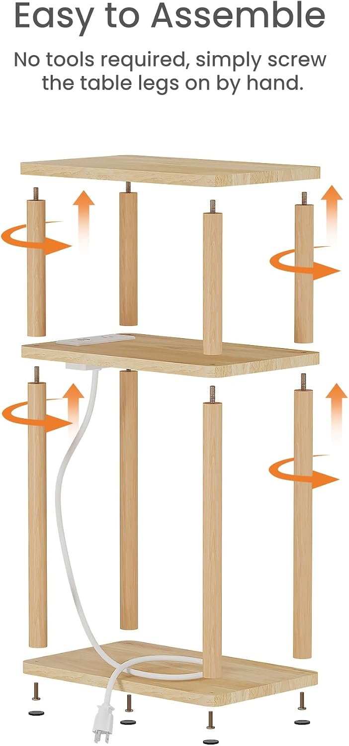 LUCKNOCK Solid Wood Side Table with Charging Station, 3-Tier Small End Table with USB Ports and Outlets, Narrow Couch Side Table, Skinny Nightstand Bedside Table for Small Spaces, Bedroom, Living Room
