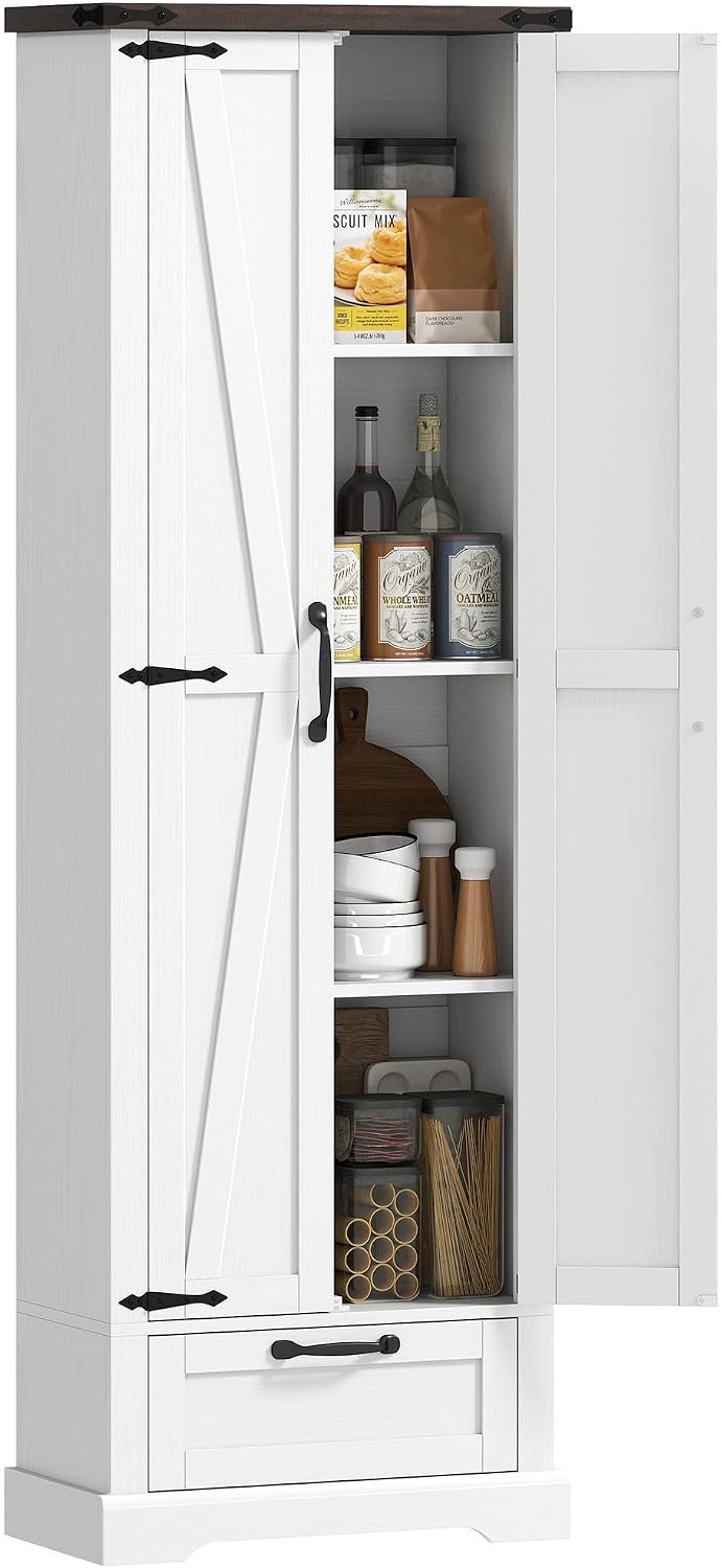 HOMCOM 71" Tall Kitchen Pantry Storage Cabinet Barn Doors Drawer White | Farmhouse, Adjustable Shelves, Freestanding Food Pantry Cabinet, for Kitchen, Dining Room