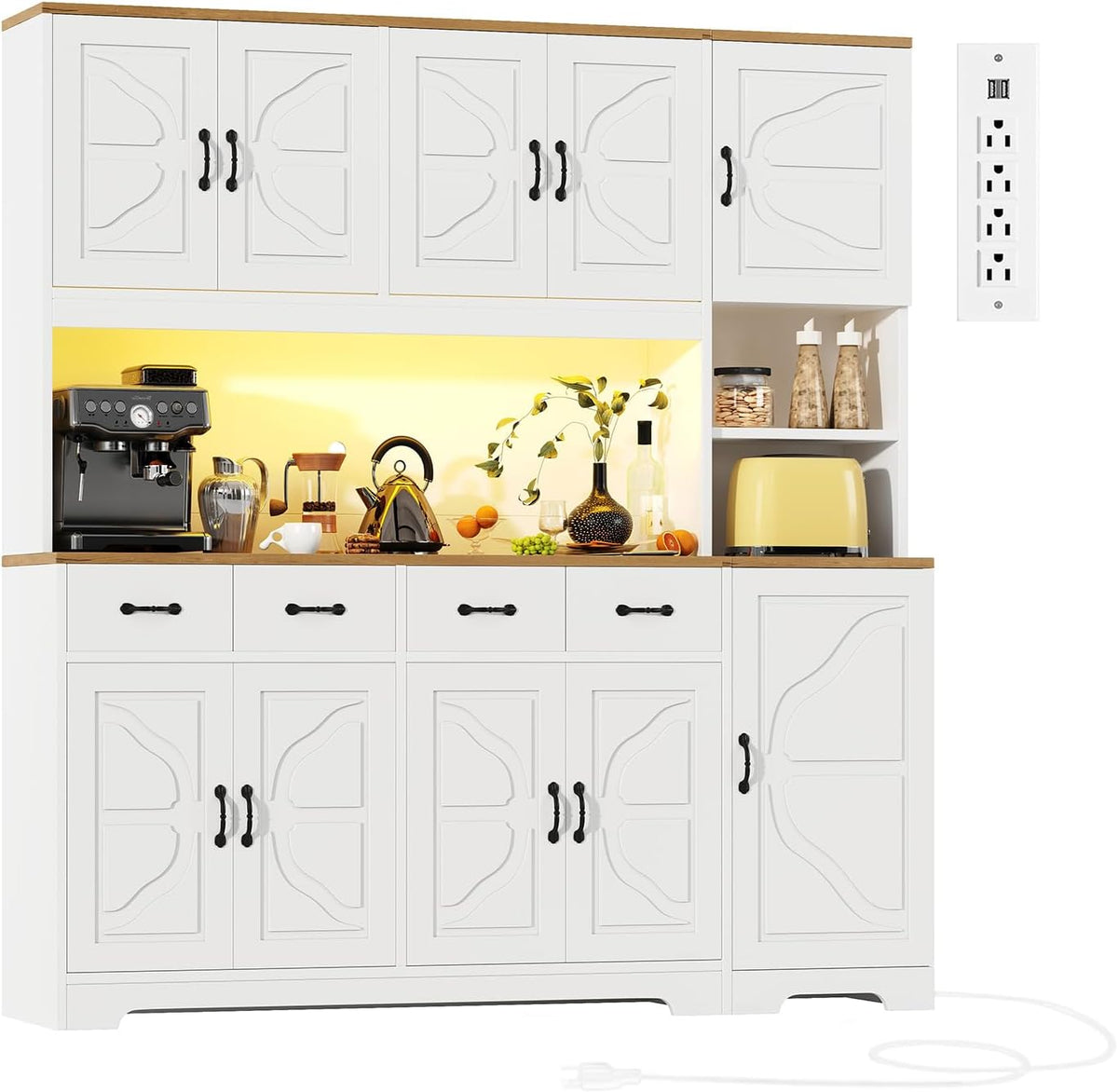 Tall Kitchen Pantry Cabinet with Carved Doors & Charging Station, Modern Storage Buffet with 4 Drawers and Adjustable Shelves, Coffee Bar Cabinet for Dining Room, White