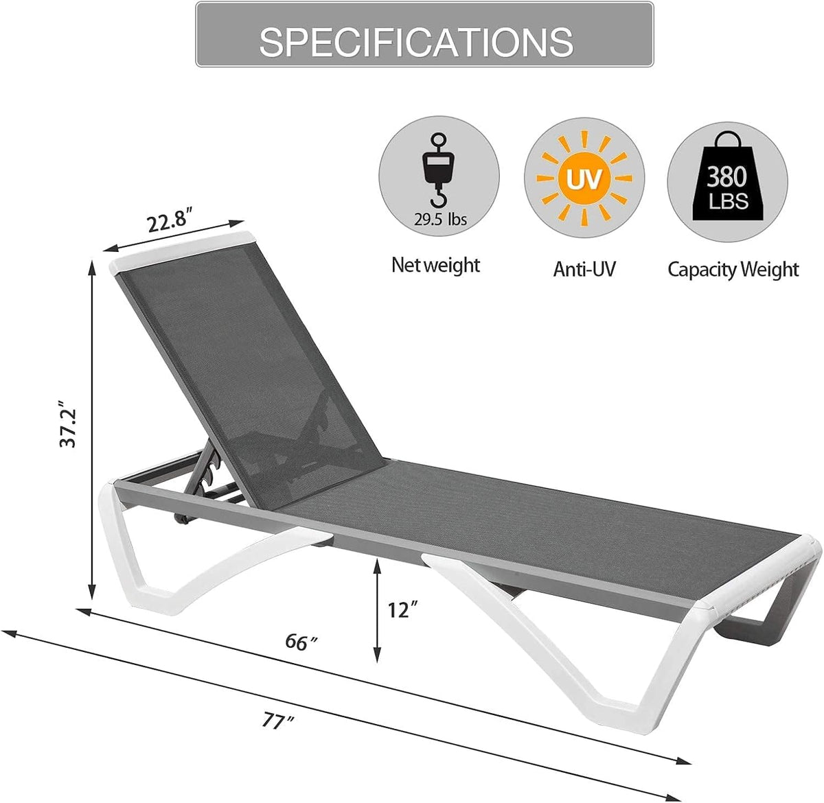 Domi Outdoor Lounge Chairs Set of 4, Aluminum Chaise Lounge Chairs for Outside with 5 Position Adjustable Backrest, Stackable Patio Lounge Chair with Wheels for Beach, Yard, Balcony, Poolside, Grey