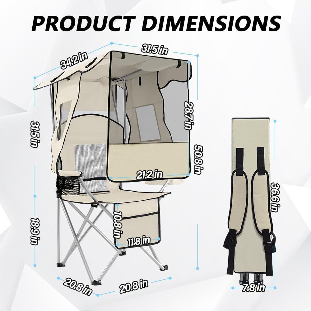 BESTHLS Camping Chair with Canopy Shade Portable Folding Beach Chairs with Cooler, Mesh Backrest, Cup Holder, and Pocket for Camping, Fishing, Beach, and Sports (White)