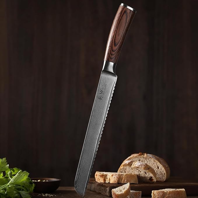 Wakoli Bread Knife, 7.9-inch Blade Damascus Chef Knife made from 67 Layers of Damascus Steel with VG10 Core, Sharp Kitchen Knives with Pakkawood Handle, Chefs Knife for Breads in Gift Box (EDIB)