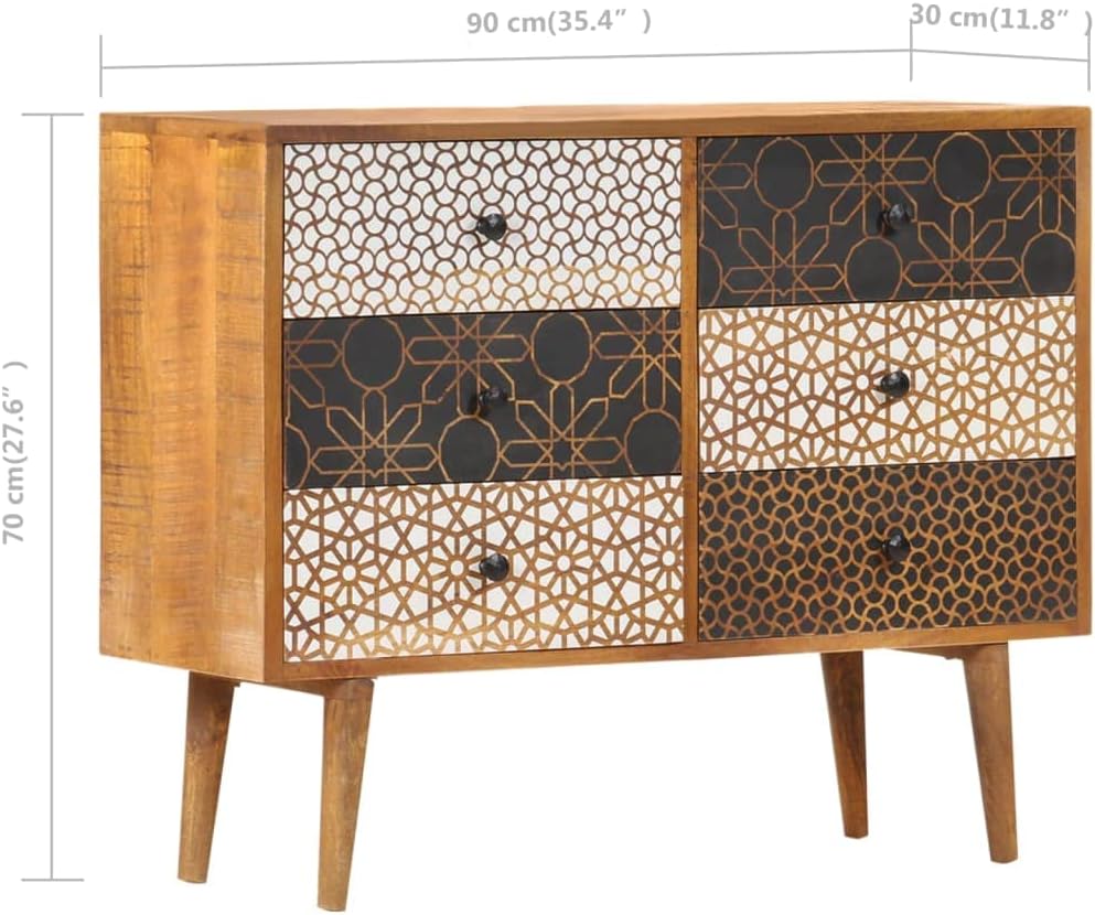 Mid-Century Modern Sideboard with Six Large Drawers, Solid Mango Wood and MDF Medium, Brown Printed Patterns Geometric Designs for Living Dining Room Storage