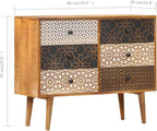 Mid-Century Modern Sideboard with Six Large Drawers, Solid Mango Wood and MDF Medium, Brown Printed Patterns Geometric Designs for Living Dining Room Storage