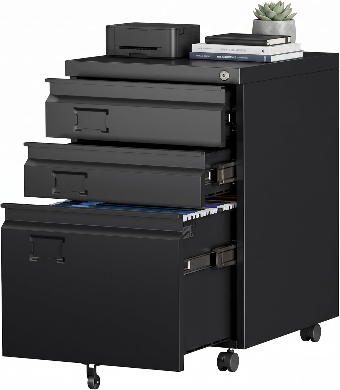 3 Drawer Metal File Cabinet with Wheels, Under Desk Rolling Filing Cabinet for A4/Letter/Legal Size, Lockable Mobile File Cabinet for Home Office, Black, Assembly Required