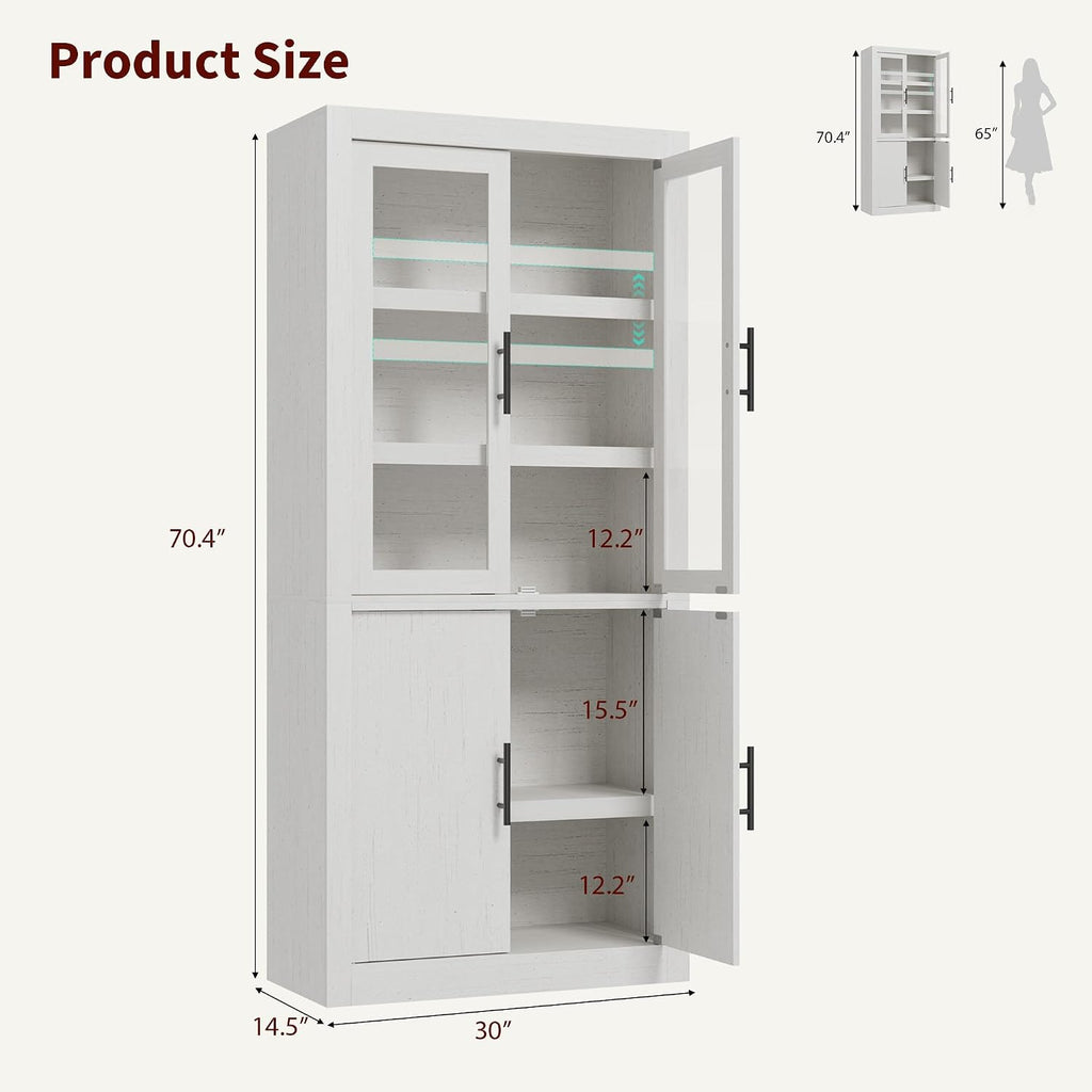 Farmhouse Kitchen Pantry Storage Cabinet, 70.5" Tall Wood Cupboard with 4 Doors and Adjustable Shelves, Rustic White Freestanding Organizer for Kitchen, Dining Room, White