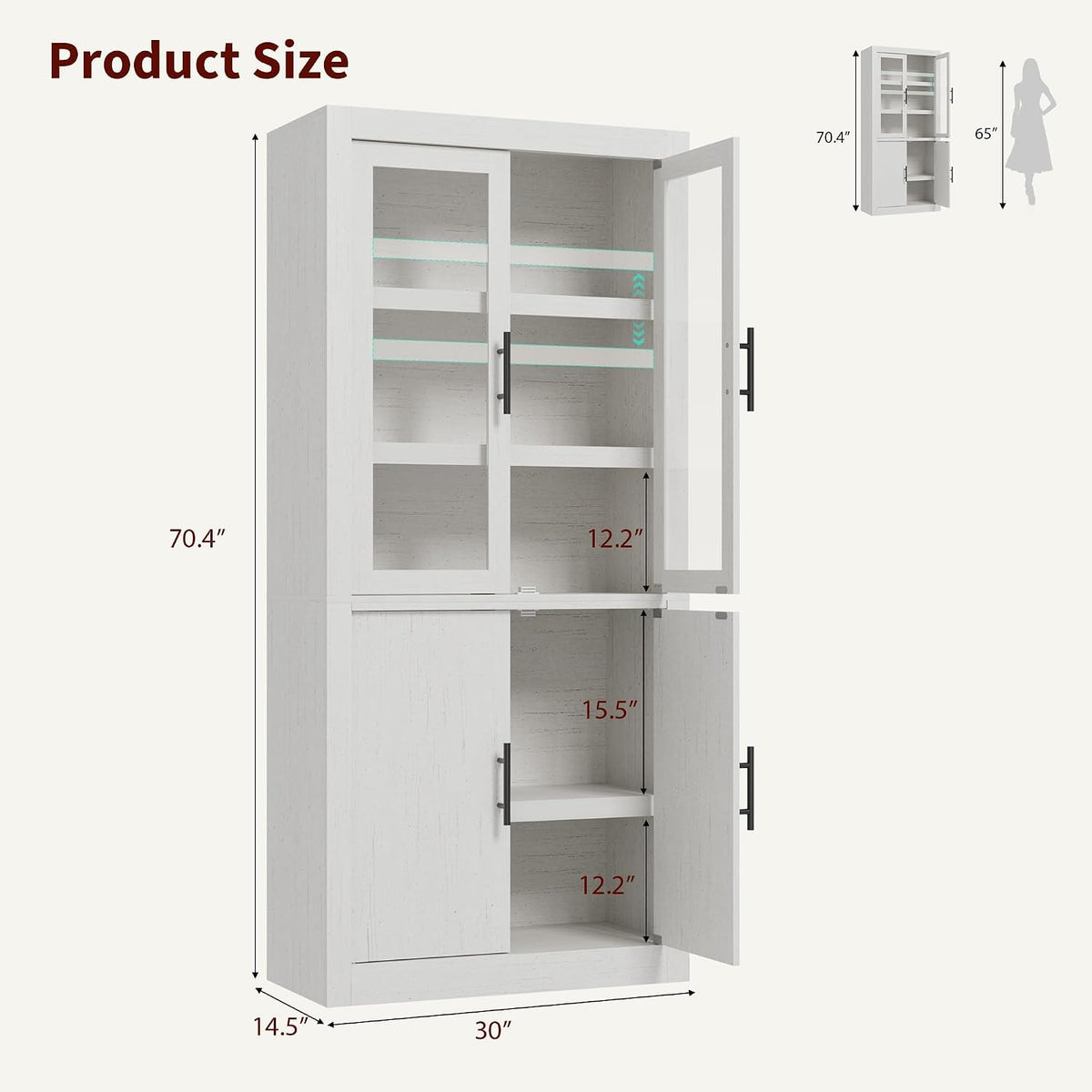 Farmhouse Kitchen Pantry Storage Cabinet, 70.5" Tall Wood Cupboard with 4 Doors and Adjustable Shelves, Rustic White Freestanding Organizer for Kitchen, Dining Room, White