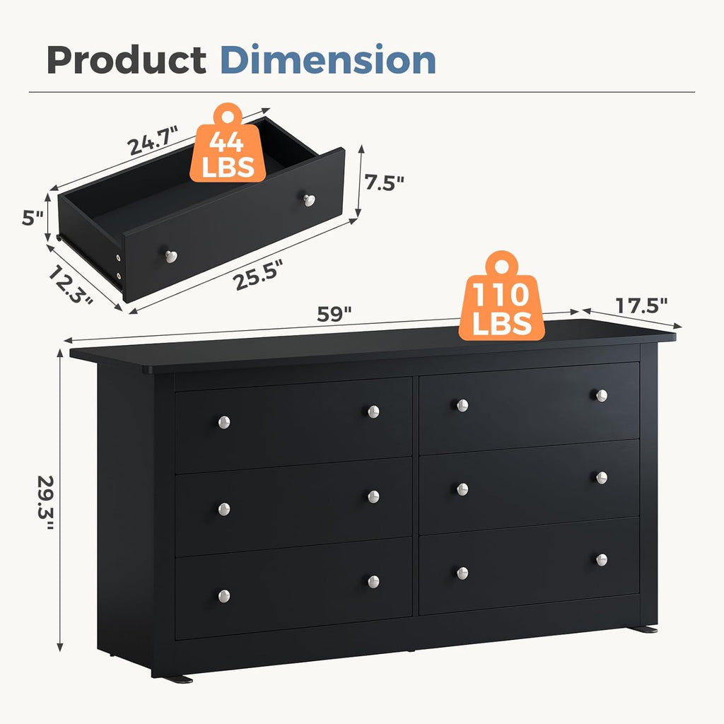 DUMOS Home Storage for Living Room, Wood Cabinet with 6 Drawers, 59" Wide TV Stand with Metal Handles, Storage Organizer for Bedroom, Entryway and Home Office, Wood
