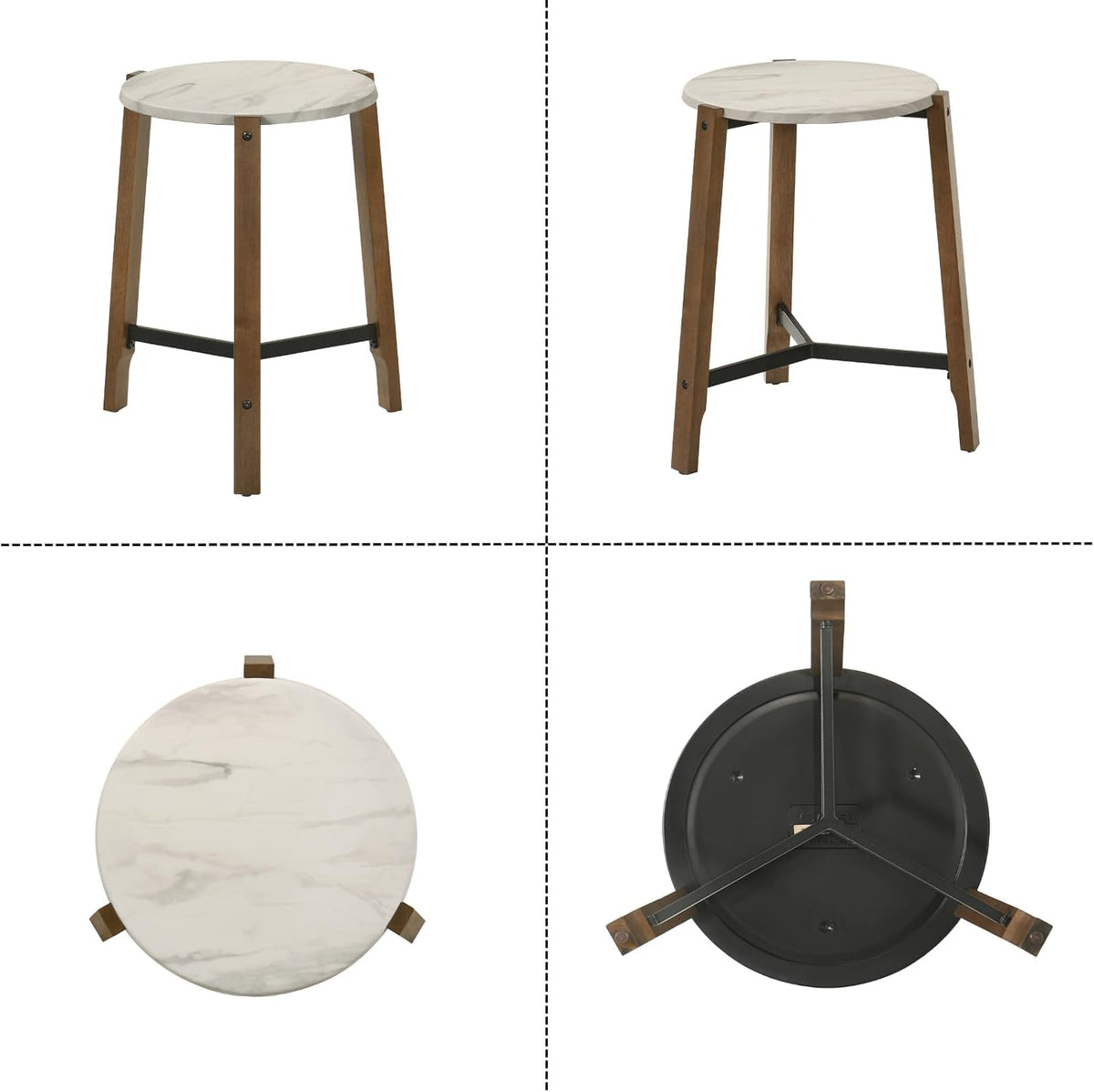 Modern White Round End Table, Side Table with Faux Marble Texture Top Industrial Nightstand Beside Accent Table with Wood Legs for Living Room Bedroom Small Space, Easy Assembly