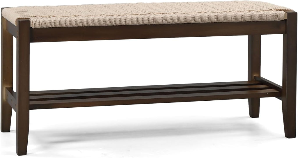 VINGLI Boho Storage Bench, Rattan Entryway Bench with Natural Woven Seat & Wood Frame, Dining Wicker Bench Indoor Bedroom Bench for End of Bed, Dining Room, Living Room and Hallway, Walnut, 39.8 Inch