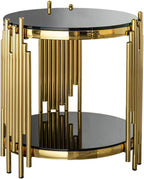 17.72" Round Sofa Side Table, 2-Tier Black Tempered Glass End Table with Gold Stainless Steel Frame for Living Room, Office & Café