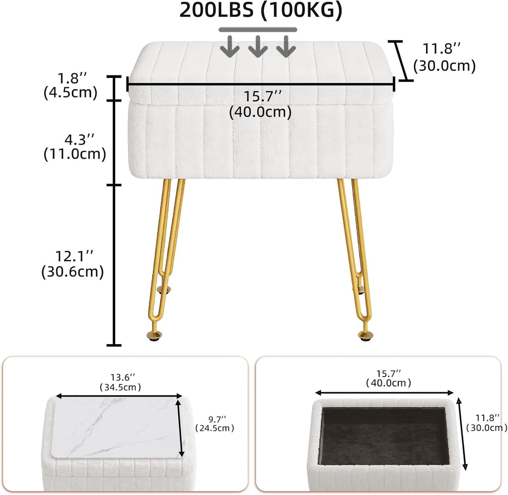 Somdot Vanity Stool Chair with Storage, Cute Furry Padded Seat, Makeup Stool, Footrest Footstool Ottoman, Metal Legs, Adjustable Feet for Living Room, Bedroom, Makeup Room, White