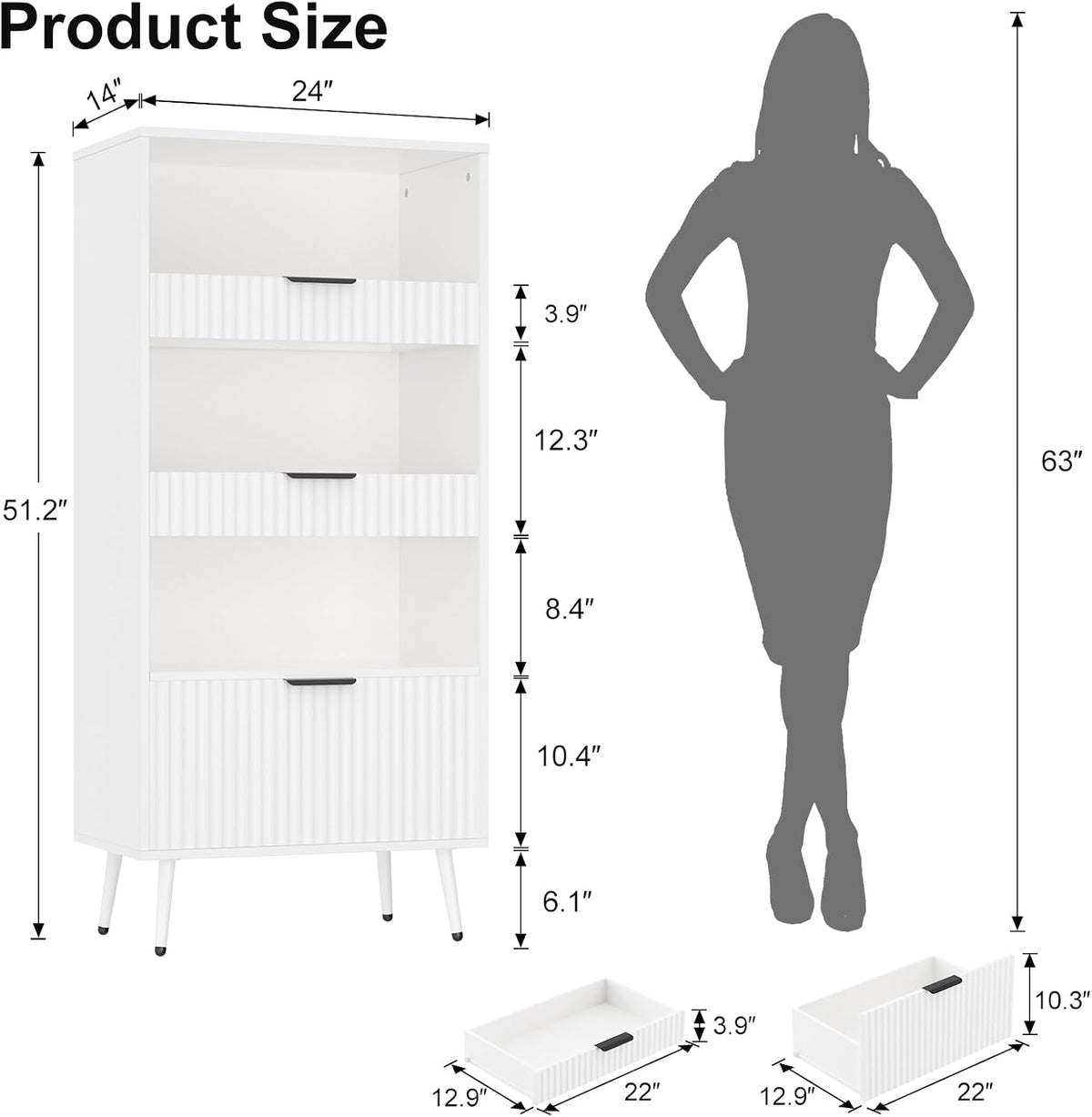 Bathroom Storage Cabinet, 51.2" H 5-Tier Freestanding Pantry Cabinet with 3 Extra-Large Drawers & Open Shelf, Fluted Floor Organizer Cupboard for Kitchen, Living Room, Anti-Tip, White