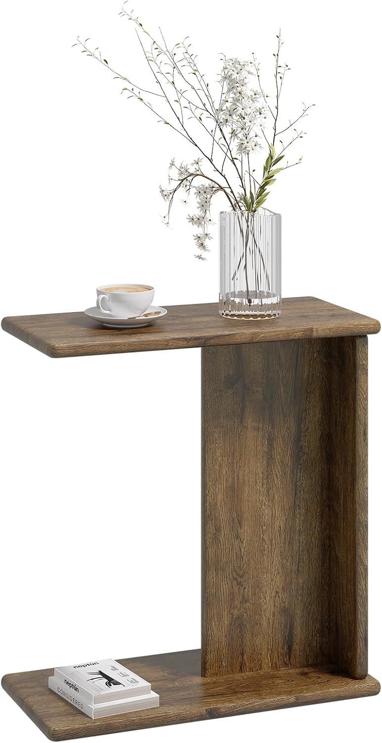 C-Shaped End Table for Couch, Small Side Table, Bedside Table for Sofa, Wooden Nightstand for Living Room Bedroom Laptop Work Desk, Easy Assembly, Rustic Brown, 23.6" D x 11.8" W x 23.6" H