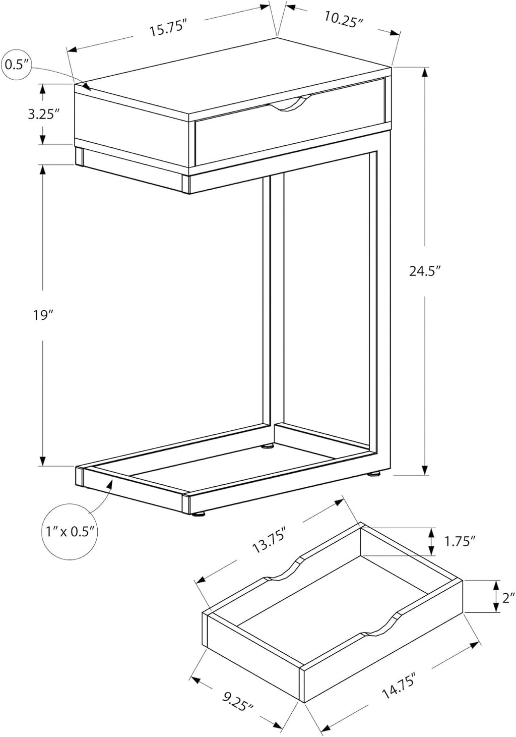 Accent Table, C-Shaped, End, Side, Snack, Storage Drawer, Living Room, Bedroom, Grey Laminate, Black Metal, Contemporary, Modern