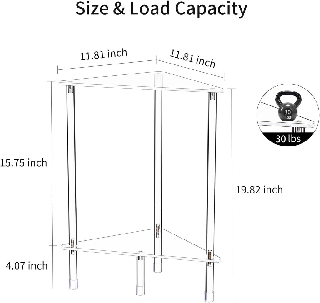 Clear Triangle Acrylic Side Table for Small Space, 11.81" L x 11.81" W x 19.82" H, 2-Tier Transparent Corner Shelf Stand End Table, Corner Storage Display Rack for Living Room Bedroom Bathroom