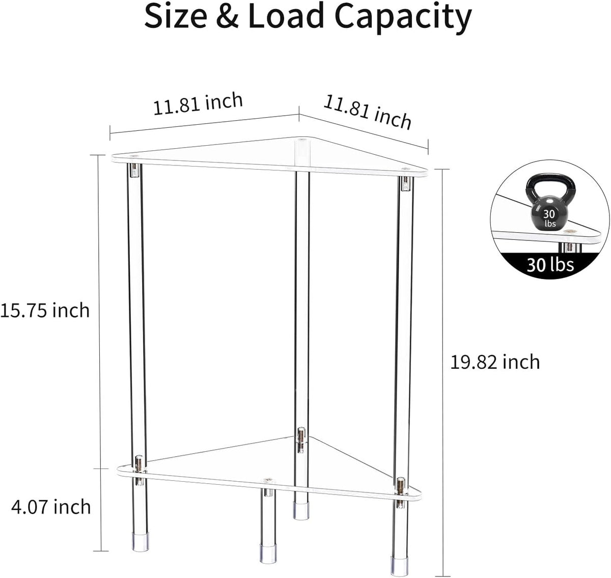Clear Triangle Acrylic Side Table for Small Space, 11.81" L x 11.81" W x 19.82" H, 2-Tier Transparent Corner Shelf Stand End Table, Corner Storage Display Rack for Living Room Bedroom Bathroom