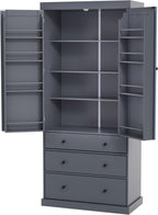 Bellemave Large Kitchen Pantry Freestanding Cupboard Storage Cabinet with 3 Adjustable Shelves, 8 Door Shelves, 3 Drawers High Kitchen Buffet Cabinet for Living Room, Kitchen (Grey)