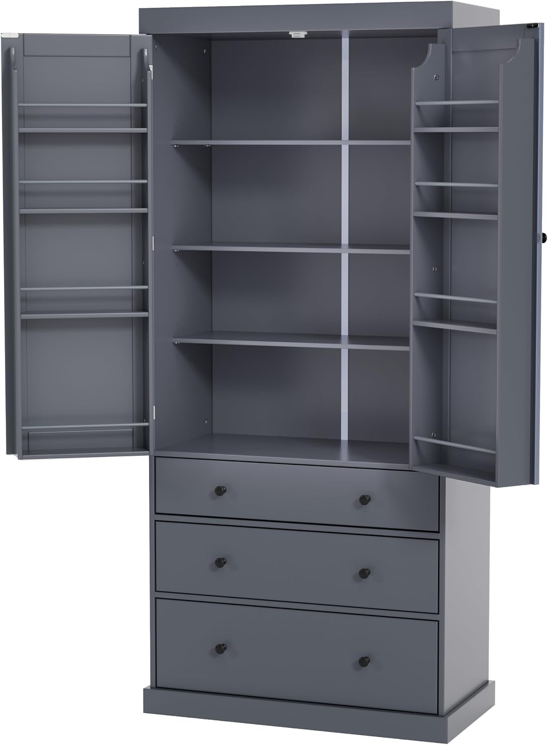 Bellemave Large Kitchen Pantry Freestanding Cupboard Storage Cabinet with 3 Adjustable Shelves, 8 Door Shelves, 3 Drawers High Kitchen Buffet Cabinet for Living Room, Kitchen (Grey)