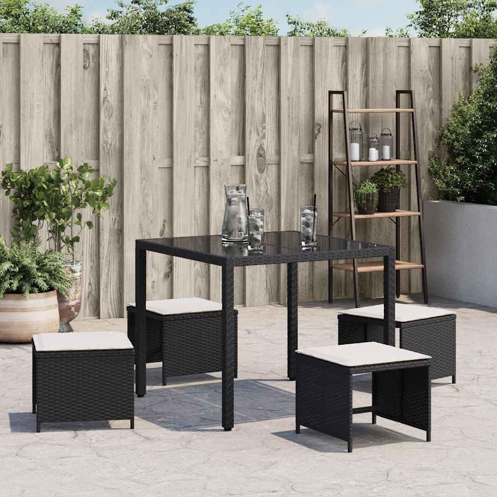 4-Piece Garden Stool Set with Cushions, Black and Cream, Square Outdoor Stools with Removable Polyester Cushions, Metal Frame and PE Rattan, 242.5 lbs Capacity per Stool for Patio