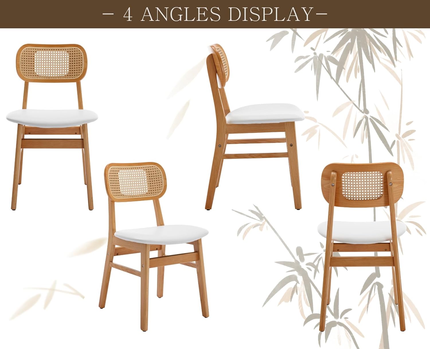 Shunzhi Rattan Dining Chairs Set of 6 Farmhouse White PU Leather Dining Room Chairs with Cane Back Mid Century Modern Kitchen Chairs Wooden Upholstered Boho Side Chair for Restaurant