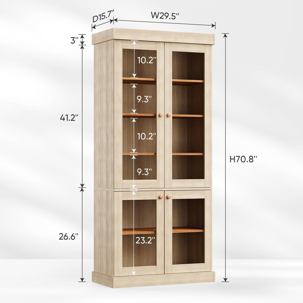 70.8" Tall Farmhouse Modular Kitchen Pantry Cabinet with Glass Doors, Wooden Storage Hutch with 6-Tier Adjustable Shelves, Set of 3, Brown