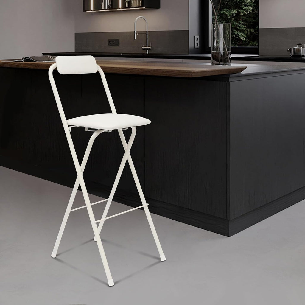 Folding Stool with Back 29.5 inch Tall Foldable Stool with Cushioned Padded Folding Bar Stools Metal Portable Chair Stools for Outdoor Indoor Kitchen Shop Cafe Garden Camping(White)