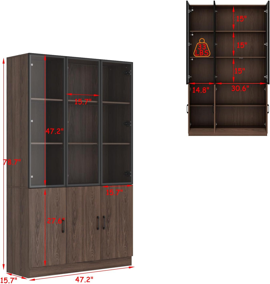 78.7" H Tall Kitchen Pantry with 3 Color LED Light, Modern Cupboard with Glass Doors, Metal Frame & Wood Grain, Large Display Storage Cabinet with Shelves for Living Dining Room, Brown