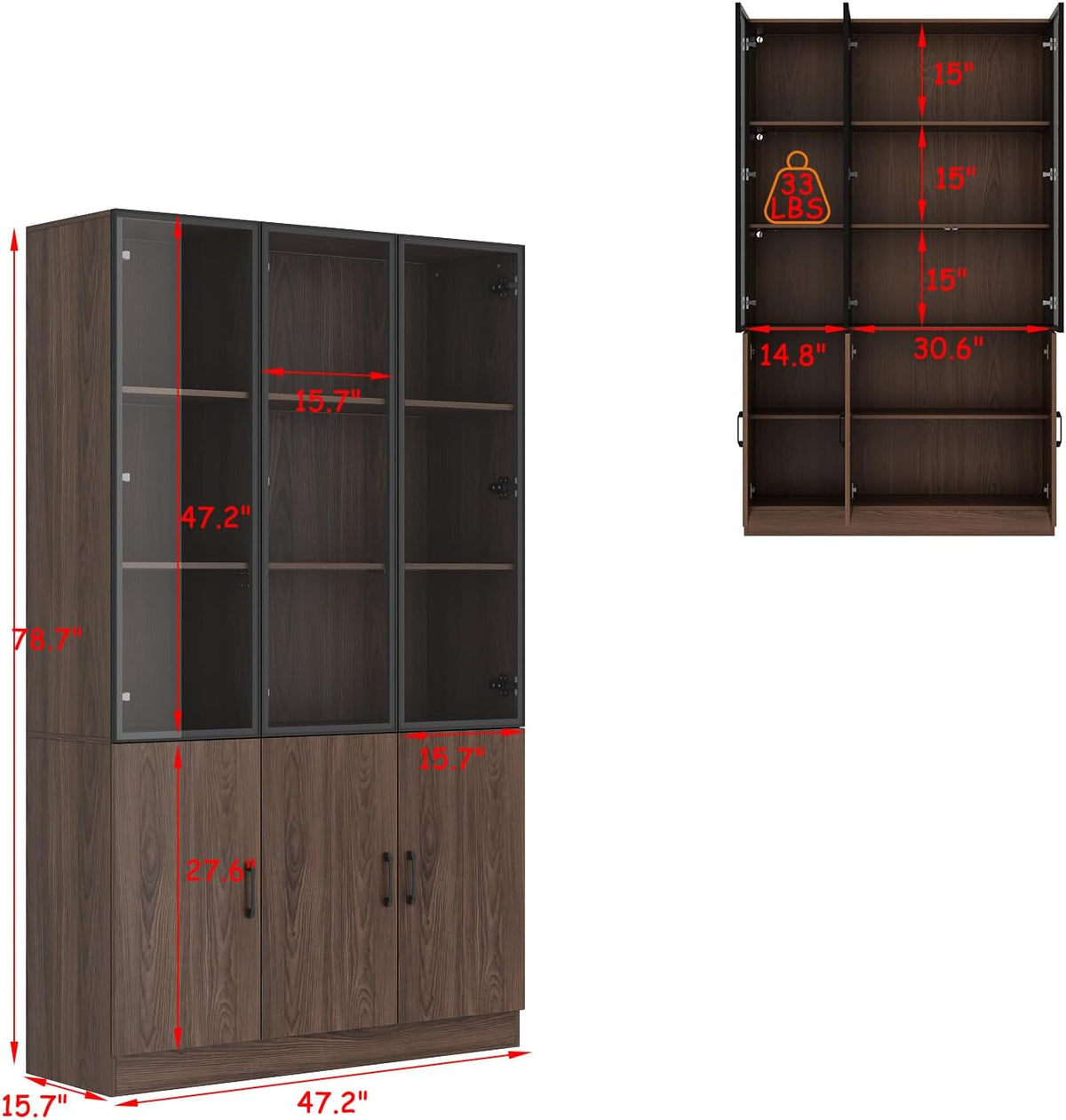 78.7" H Tall Kitchen Pantry with 3 Color LED Light, Modern Cupboard with Glass Doors, Metal Frame & Wood Grain, Large Display Storage Cabinet with Shelves for Living Dining Room, Brown