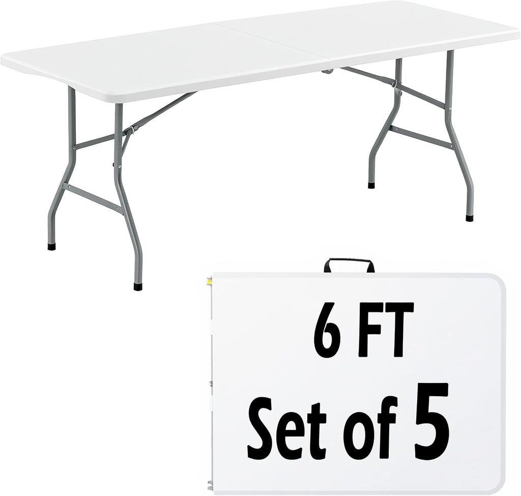 6FT White Plastic Folding Table Heavy Duty Tables Set of 5 | HDPE Tabletop Fold-in-Half Portable Utility Foldable Carrying Handle for Party Picnic Dining Office Event Indoor & Outdoor