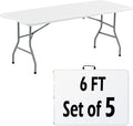 6FT White Plastic Folding Table Heavy Duty Tables Set of 5 | HDPE Tabletop Fold-in-Half Portable Utility Foldable Carrying Handle for Party Picnic Dining Office Event Indoor & Outdoor