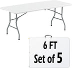 6FT White Plastic Folding Table Heavy Duty Tables Set of 5 | HDPE Tabletop Fold-in-Half Portable Utility Foldable Carrying Handle for Party Picnic Dining Office Event Indoor & Outdoor
