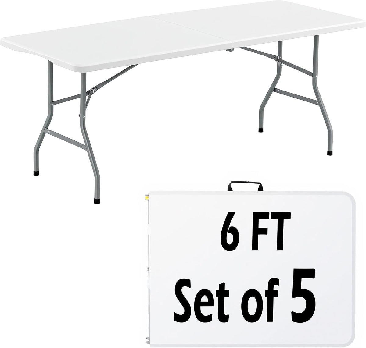 6FT White Plastic Folding Table Heavy Duty Tables Set of 5 | HDPE Tabletop Fold-in-Half Portable Utility Foldable Carrying Handle for Party Picnic Dining Office Event Indoor & Outdoor