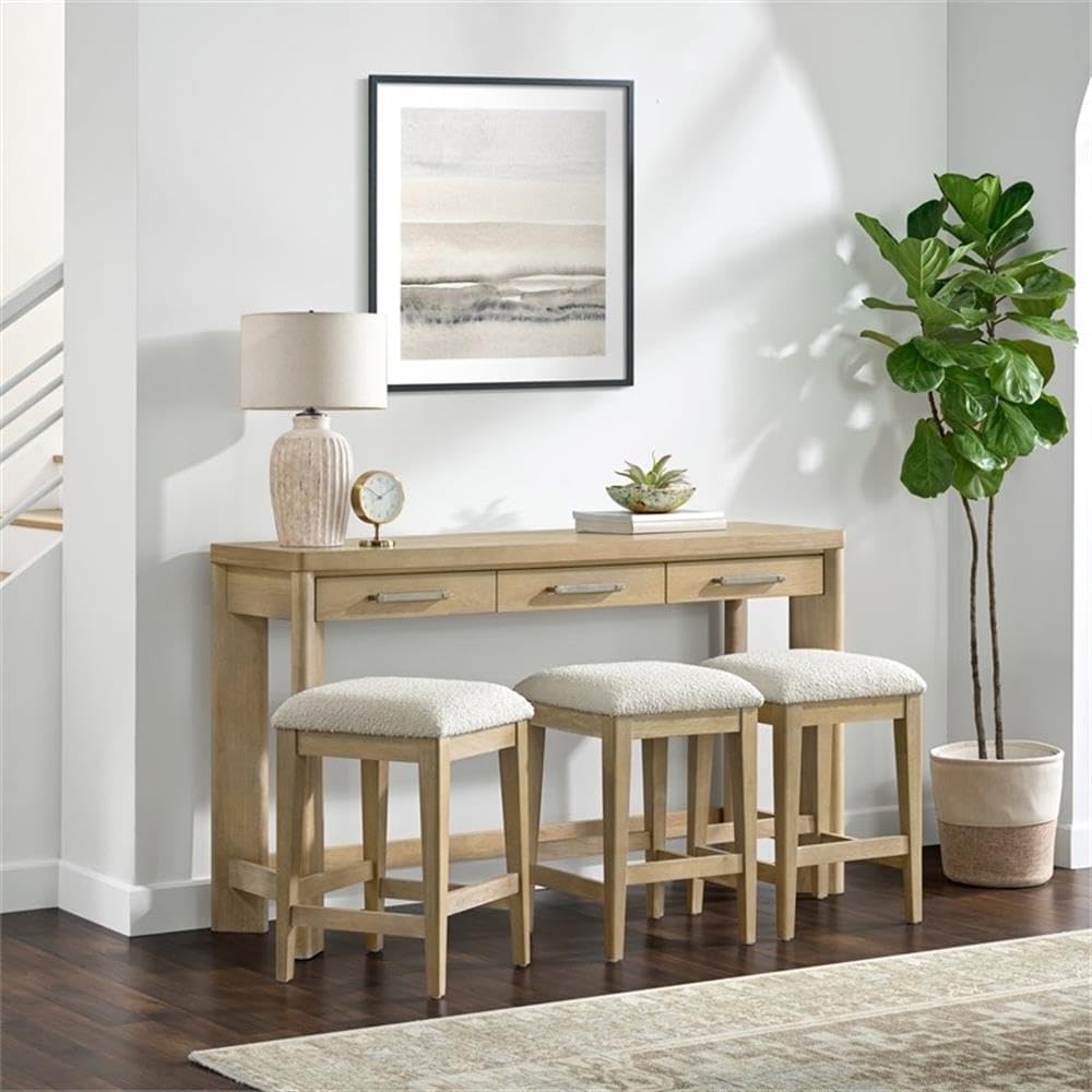 Pemberly Row Oak Console Table Set, Sand Dune Beige Finish, Solid Wood Construction with 3 Drawers & 3 Upholstered Stools, Coastal-Inspired Space-Saving Design for Entryway or Living Room