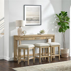 Pemberly Row Oak Console Table Set, Sand Dune Beige Finish, Solid Wood Construction with 3 Drawers & 3 Upholstered Stools, Coastal-Inspired Space-Saving Design for Entryway or Living Room