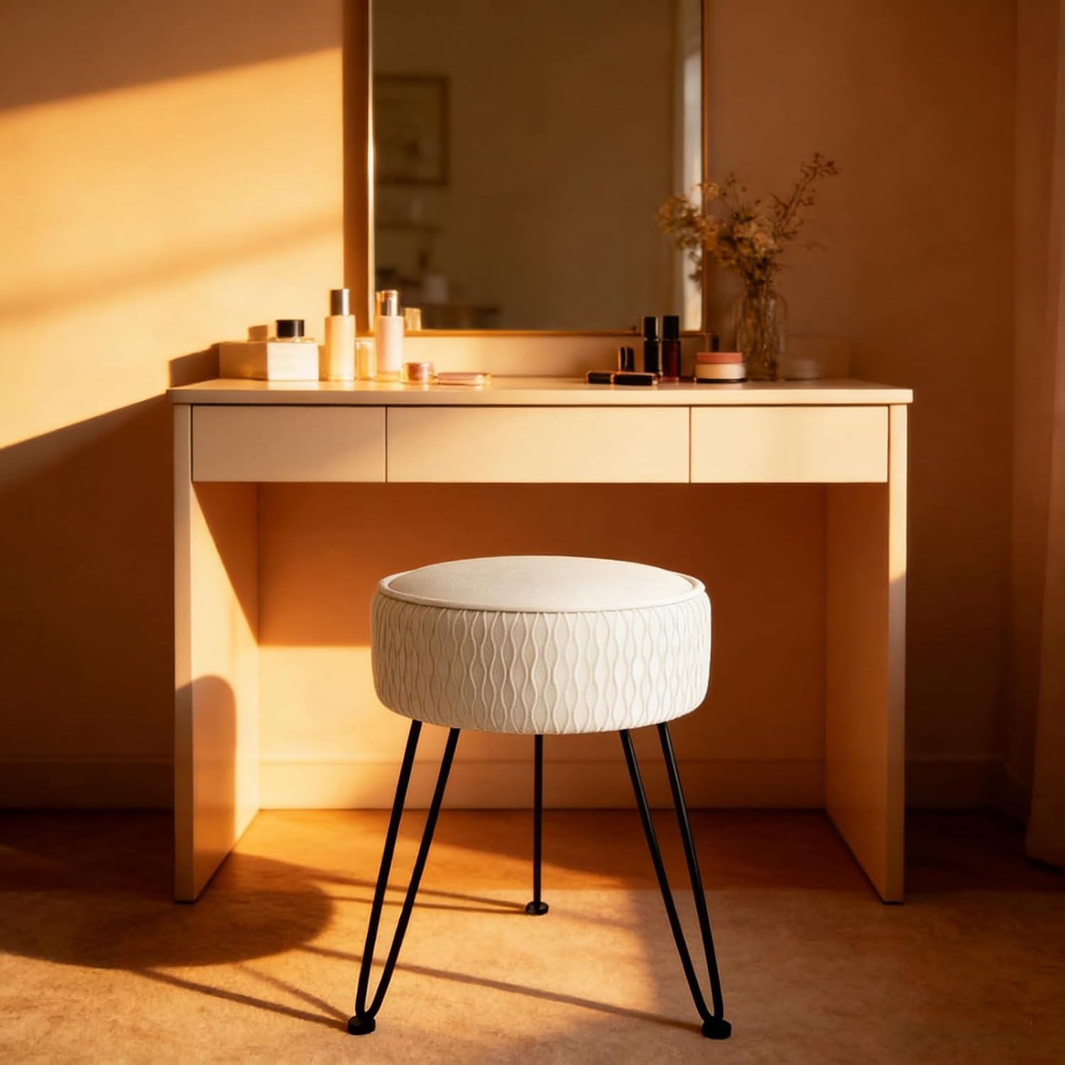 Velvet Vanity Stool Footrests, Round Ottoman Vanity Chairs with Anti-Slip Feet, Dressing Table Seat Foot Stool with Black Legs, Furry Padded Seat Side Table for Makeup Bedroom, White